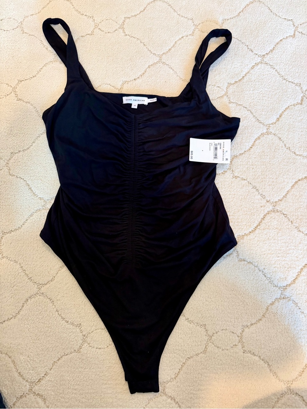 NWT Good American Black Ruched Bodysuit Size 4
